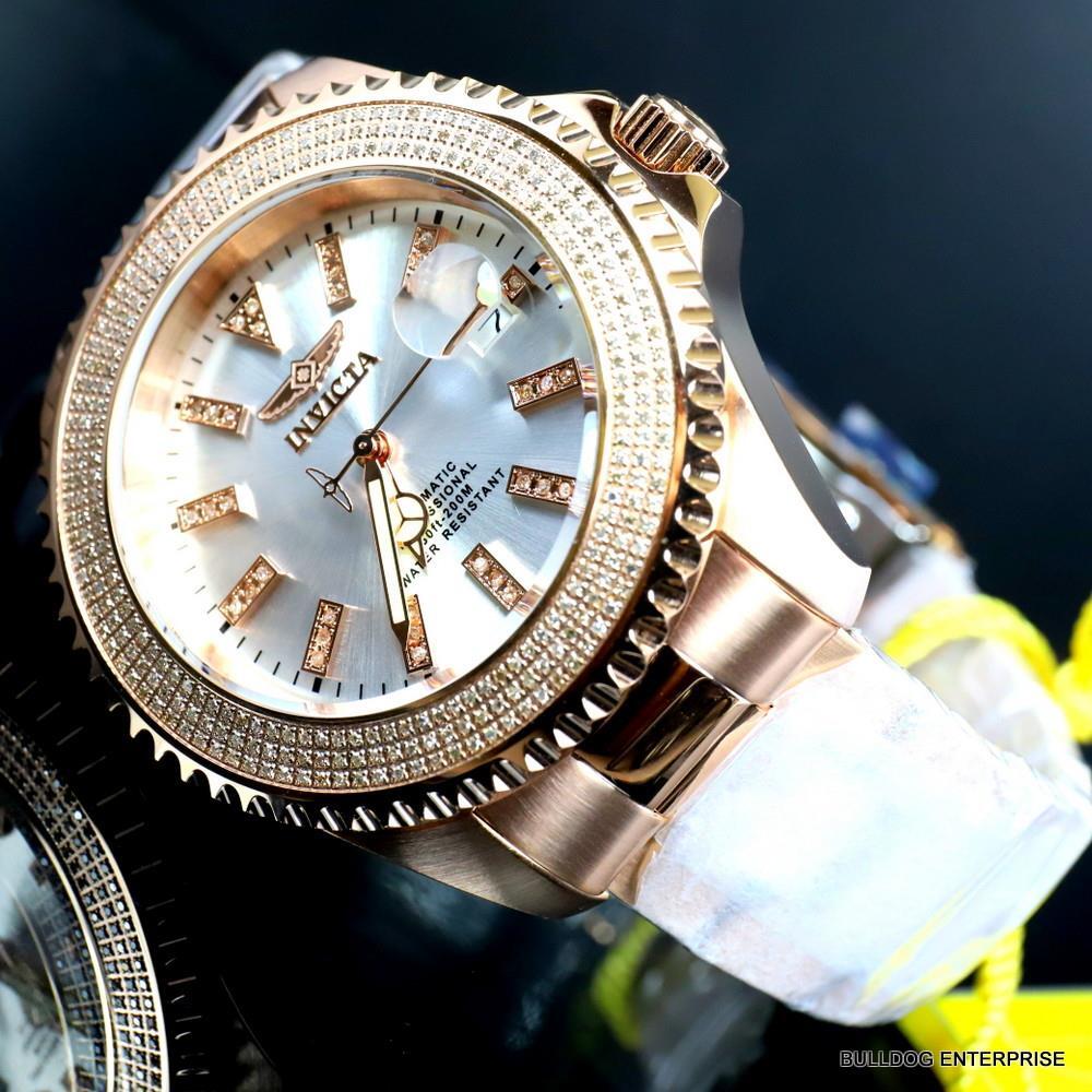 Invicta Pro Diver Automatic1.40 CTW Diamond Rose Gold Plated Silver Watch New