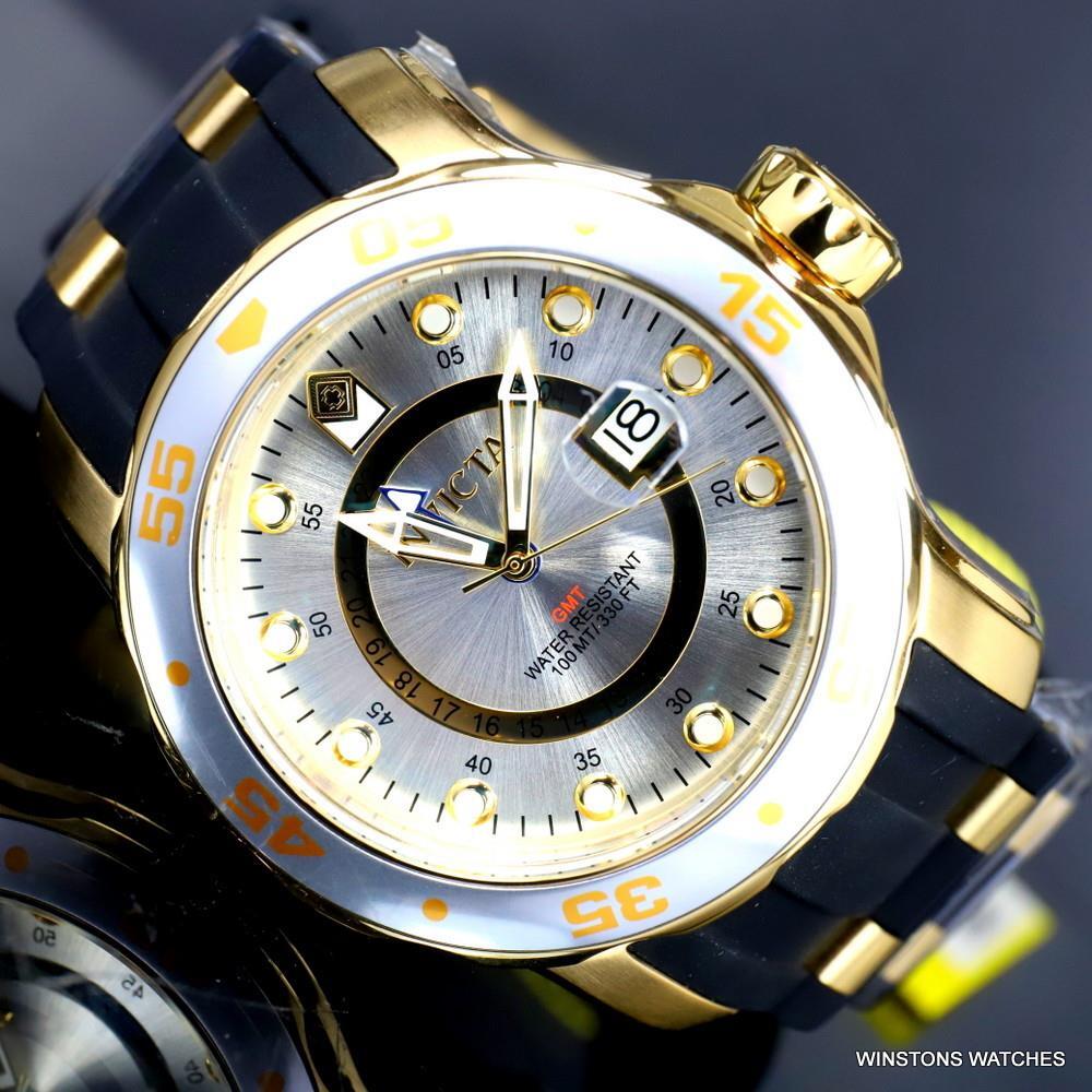 Invicta Pro Diver Scuba GMT Silver Tone Dial 18kt Gold Plated 49mm Watch New