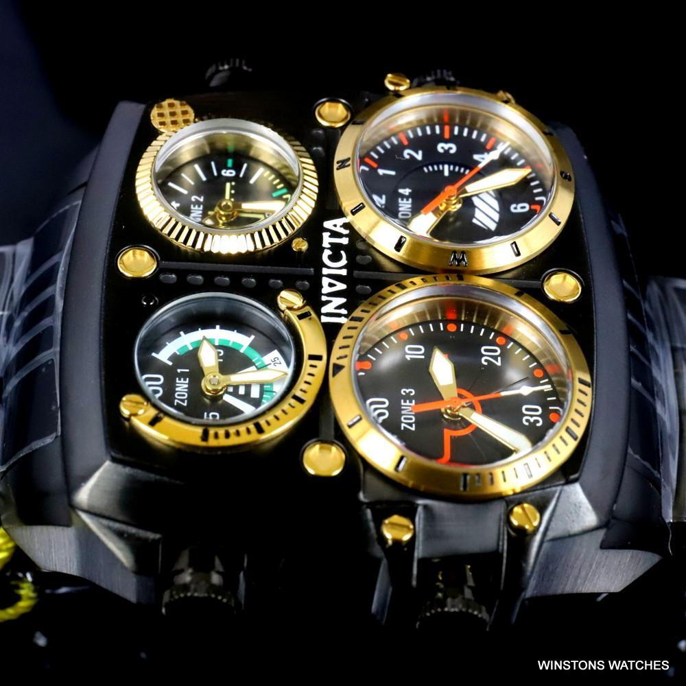 Invicta Aviator Zulu Black Stainless Steel Bracelet Quad Time 50mm Watch New