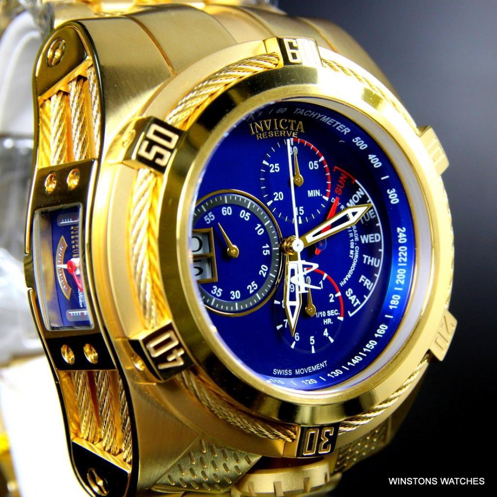 Invicta Bolt Zeus Tria Gold Plated Steel Blue 3 Swiss Mvt Dials 52mm Watch New