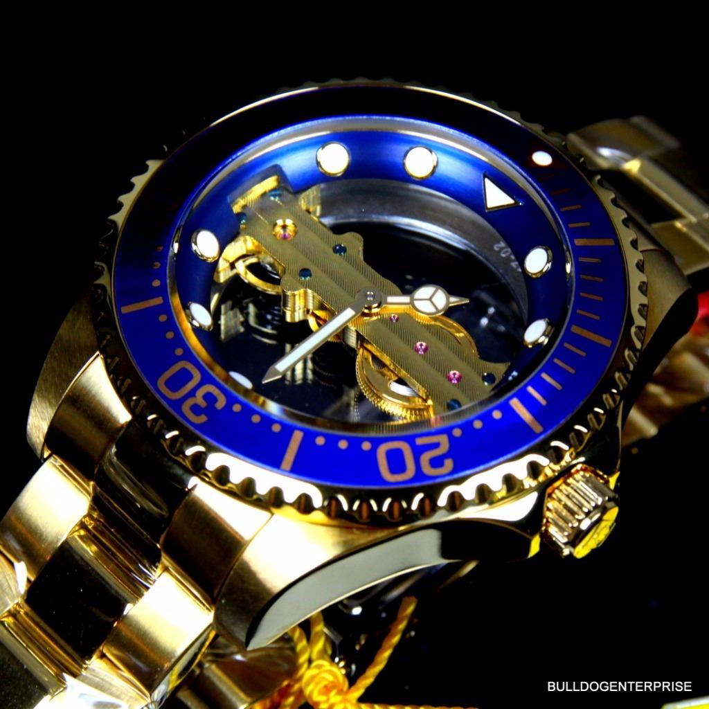 Invicta Pro Diver Ghost Bridge Mechanical Gold Plated Skeleton Blue Watch New
