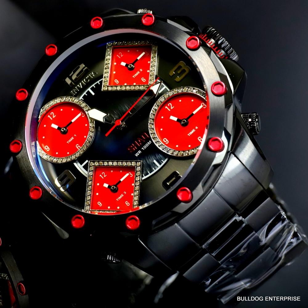 Invicta Shaq Diamond 5 Time Zone Red MOP Black Steel Chronograph 58mm Watch New