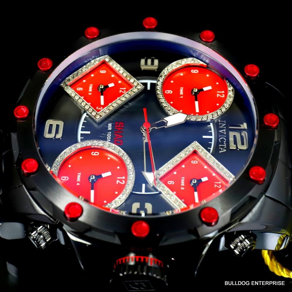 Invicta Shaq Diamond 5 Time Zone Red MOP Black Steel Chronograph 58mm Watch New