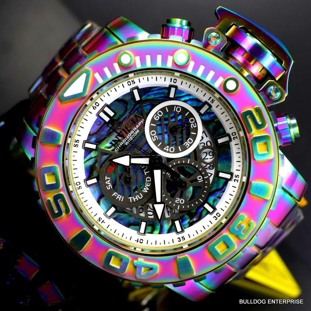 Invicta Sea Hunter Abalone Iridescent Steel 58mm Swiss Chronograph Watch New