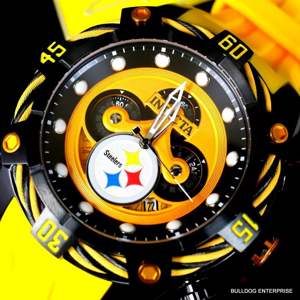 Invicta NFL Pittsburgh Steelers Bolt Yellow Chronograph Silicone Watch 52mm New