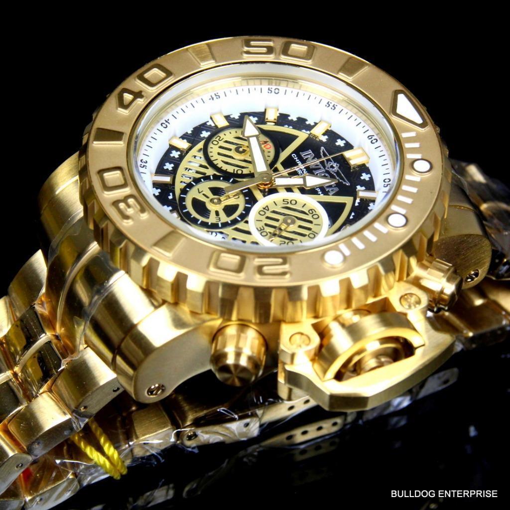 Invicta Sea Hunter III Black 70mm Swiss Mvt Chrono 18kt Gold Plated Watch New