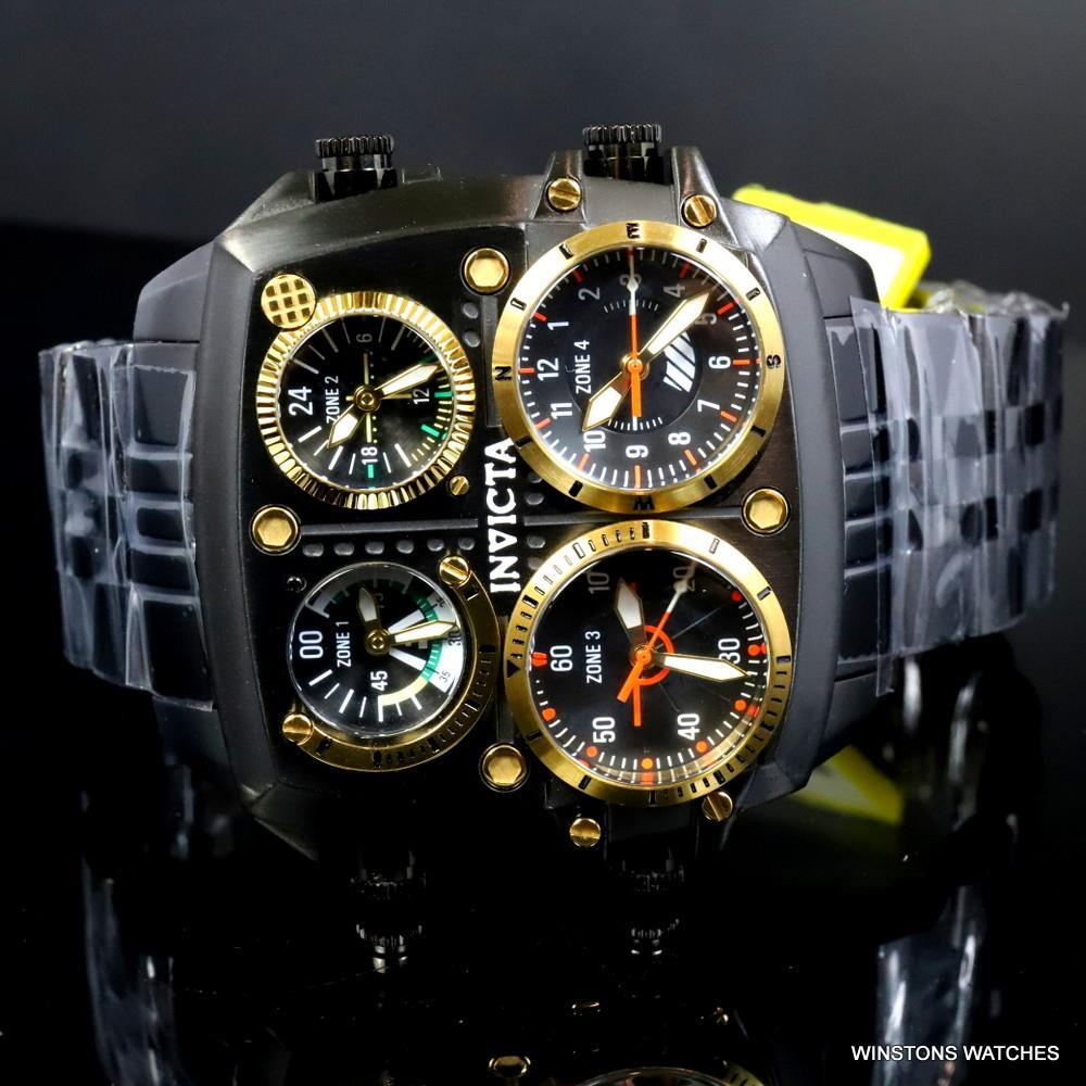 Invicta Aviator Zulu Black Stainless Steel Bracelet Quad Time 50mm Watch New