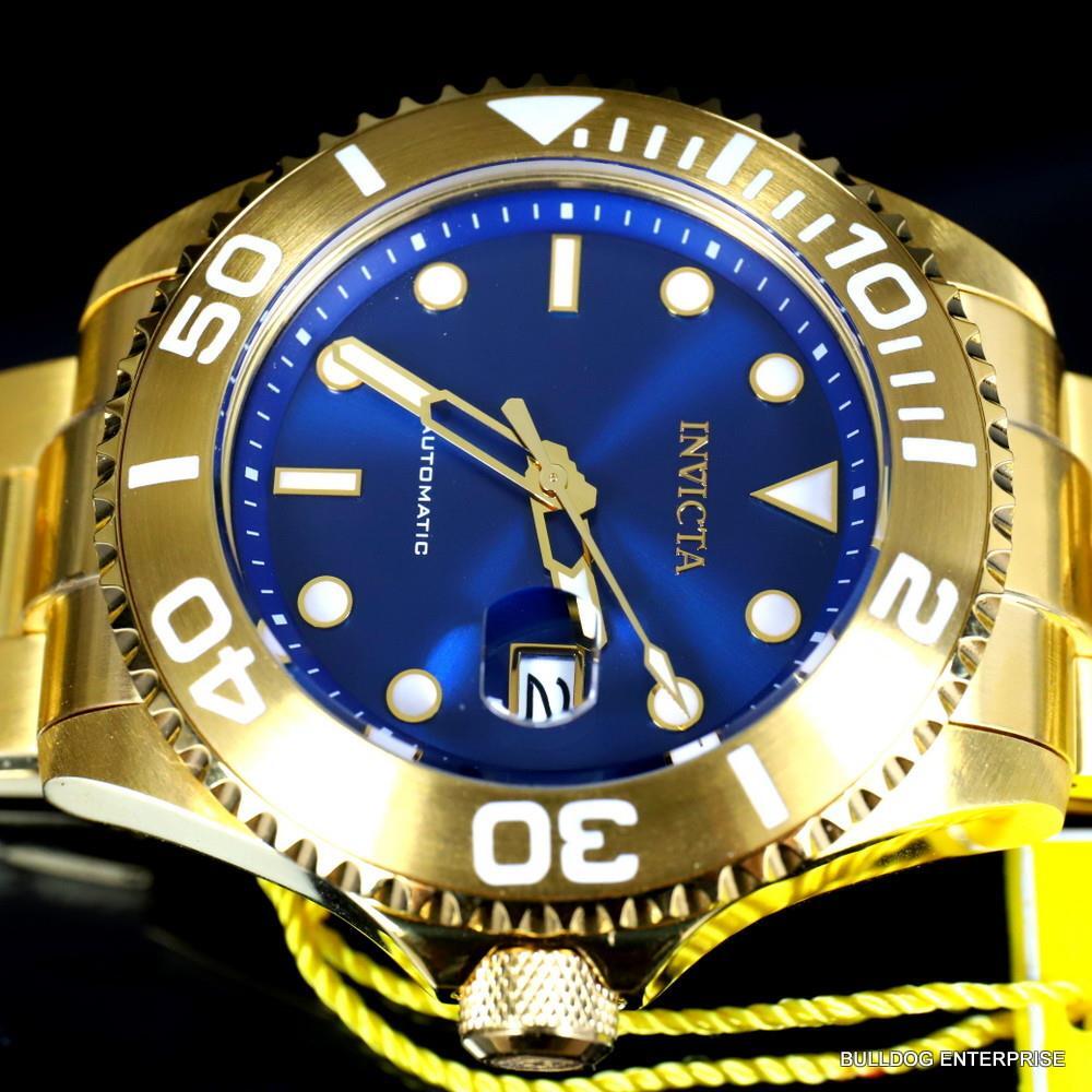 Mens Invicta Pro Diver Gold Plated Steel Bracelet Automatic Blue Watch 47mm New