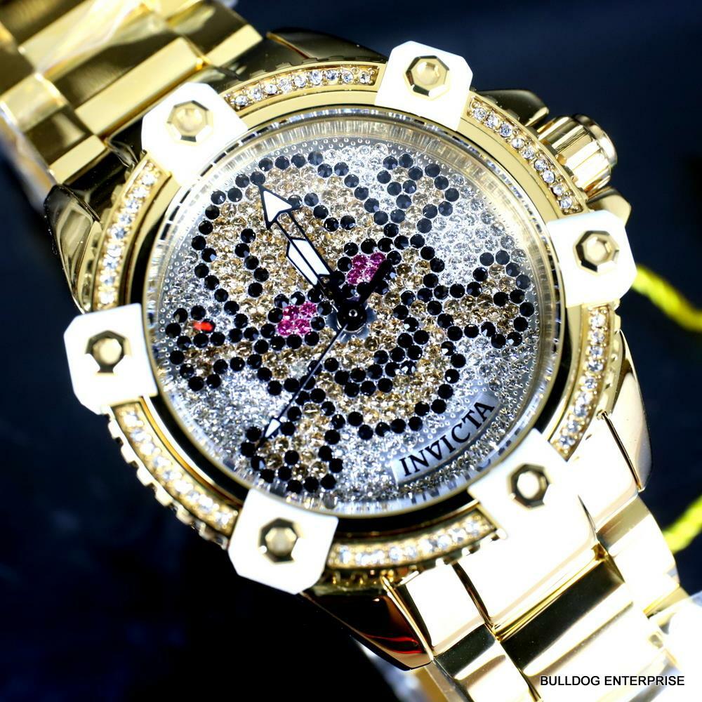 Womens Invicta Octane Skull Sparkling Crystals Gold Plated Steel 38mm Watch New