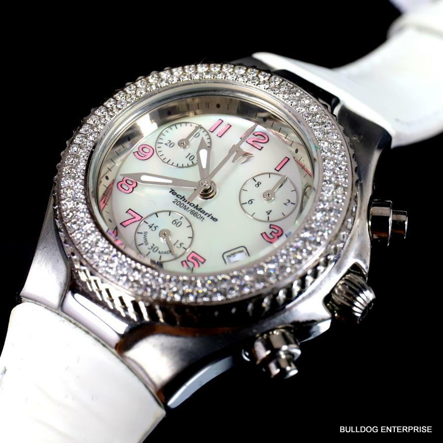 Ladys Technomarine 128 Diamonds Swiss Made Chrono White MOP Leather Watch New
