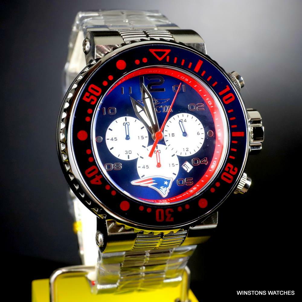 Invicta NFL Grand Pro Diver New England Blue Red Steel Chrono 52mm Watch New