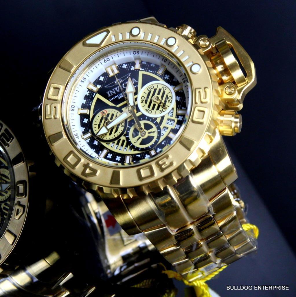 Invicta Sea Hunter III Black 70mm Swiss Mvt Chrono 18kt Gold Plated Watch New