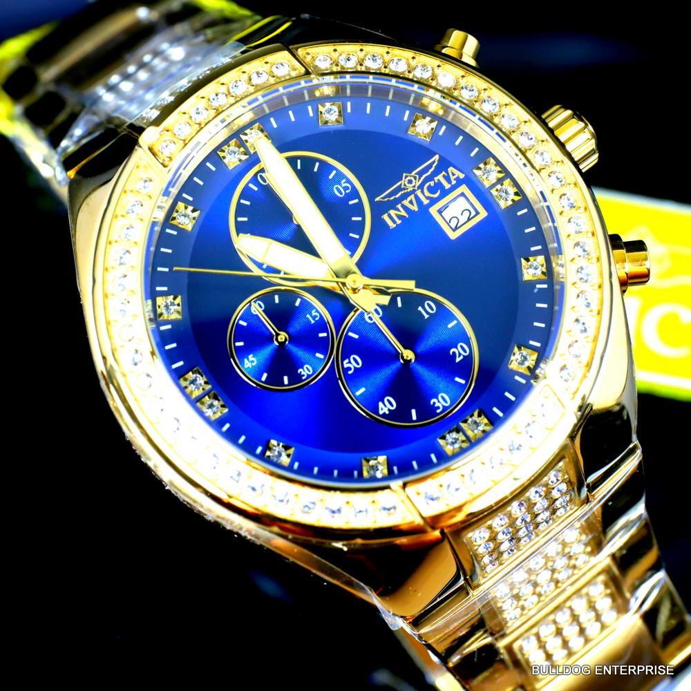 Invicta Specialty Crystal Accented Gold Plated Steel Blue 45mm Chrono Watch New