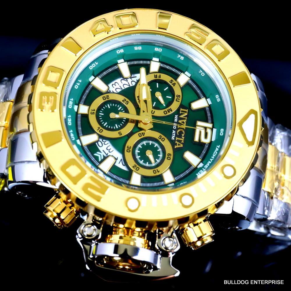 Men's Invicta Sea Hunter Gen II Green 2 Tone Gold Plated 70mm Swiss Watch New