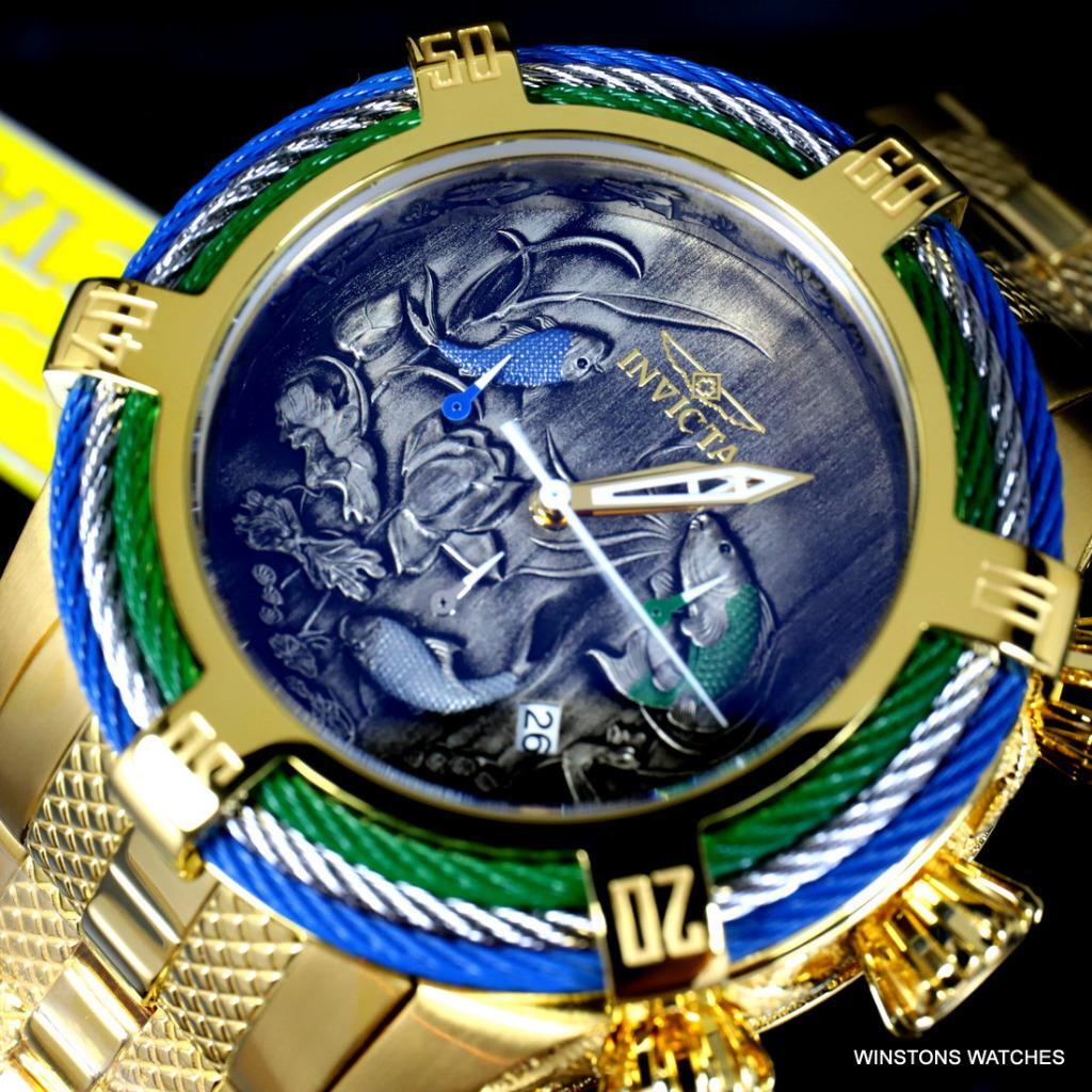 Invicta Bolt Tri Cable Green Blue Koi 54mm Gold Plated Steel Chrono Watch New
