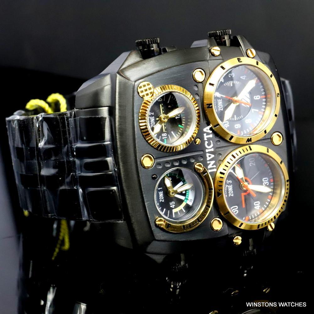Invicta Aviator Zulu Black Stainless Steel Bracelet Quad Time 50mm Watch New