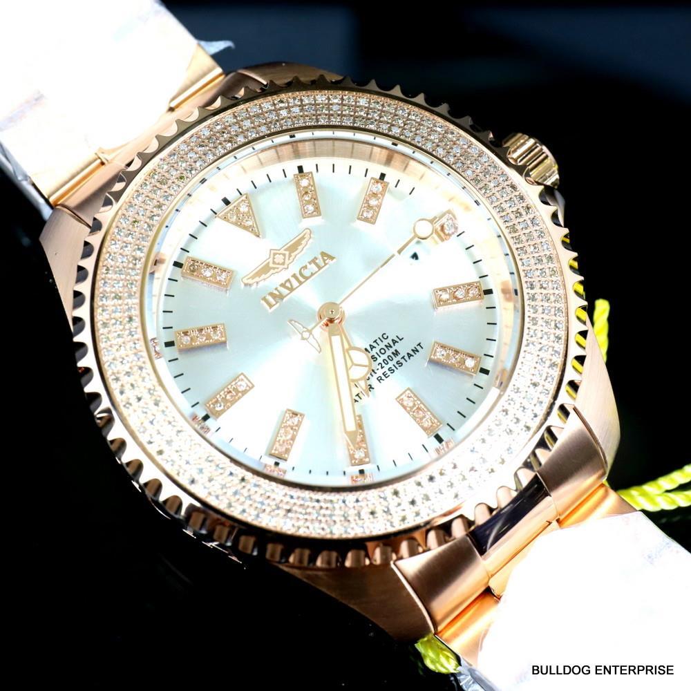 Invicta Pro Diver Automatic1.40 CTW Diamond Rose Gold Plated Silver Watch New
