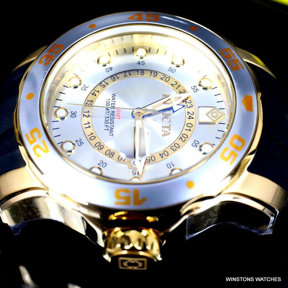Invicta Pro Diver Scuba GMT Silver Tone Dial 18kt Gold Plated 49mm Watch New