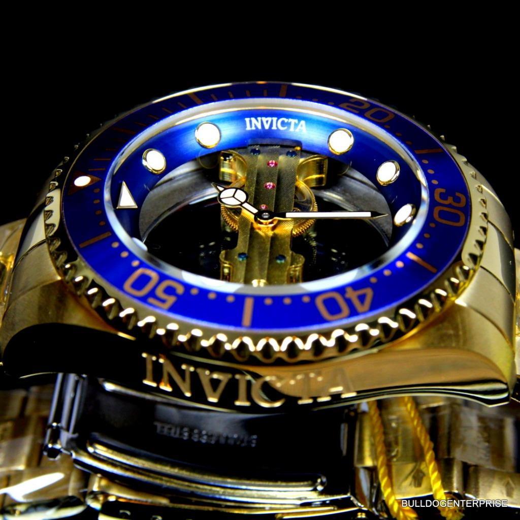 Invicta Pro Diver Ghost Bridge Mechanical Gold Plated Skeleton Blue Watch New