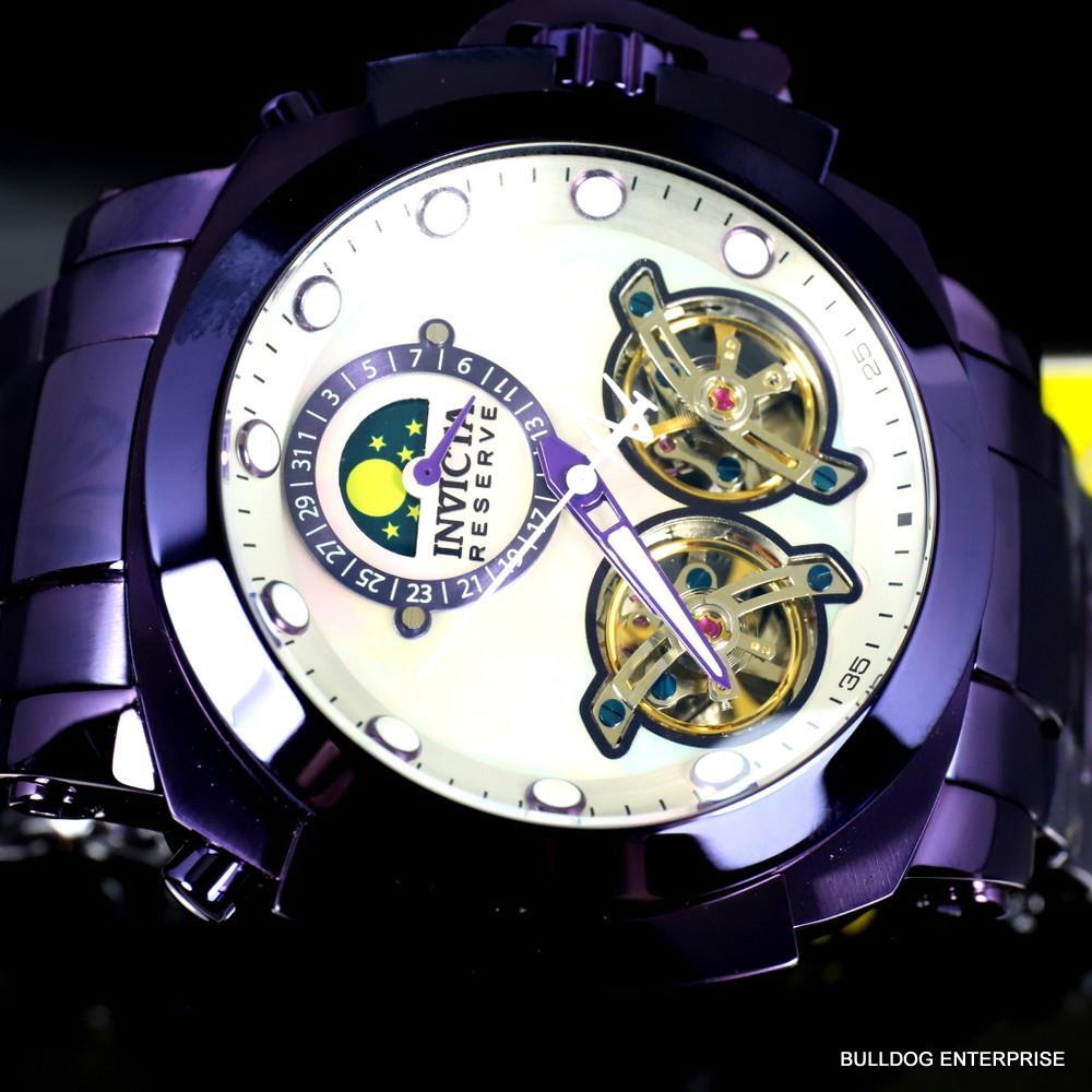 Invicta Man of War Double Open Heart Automatic Moon Phase MOP Purple Watch New