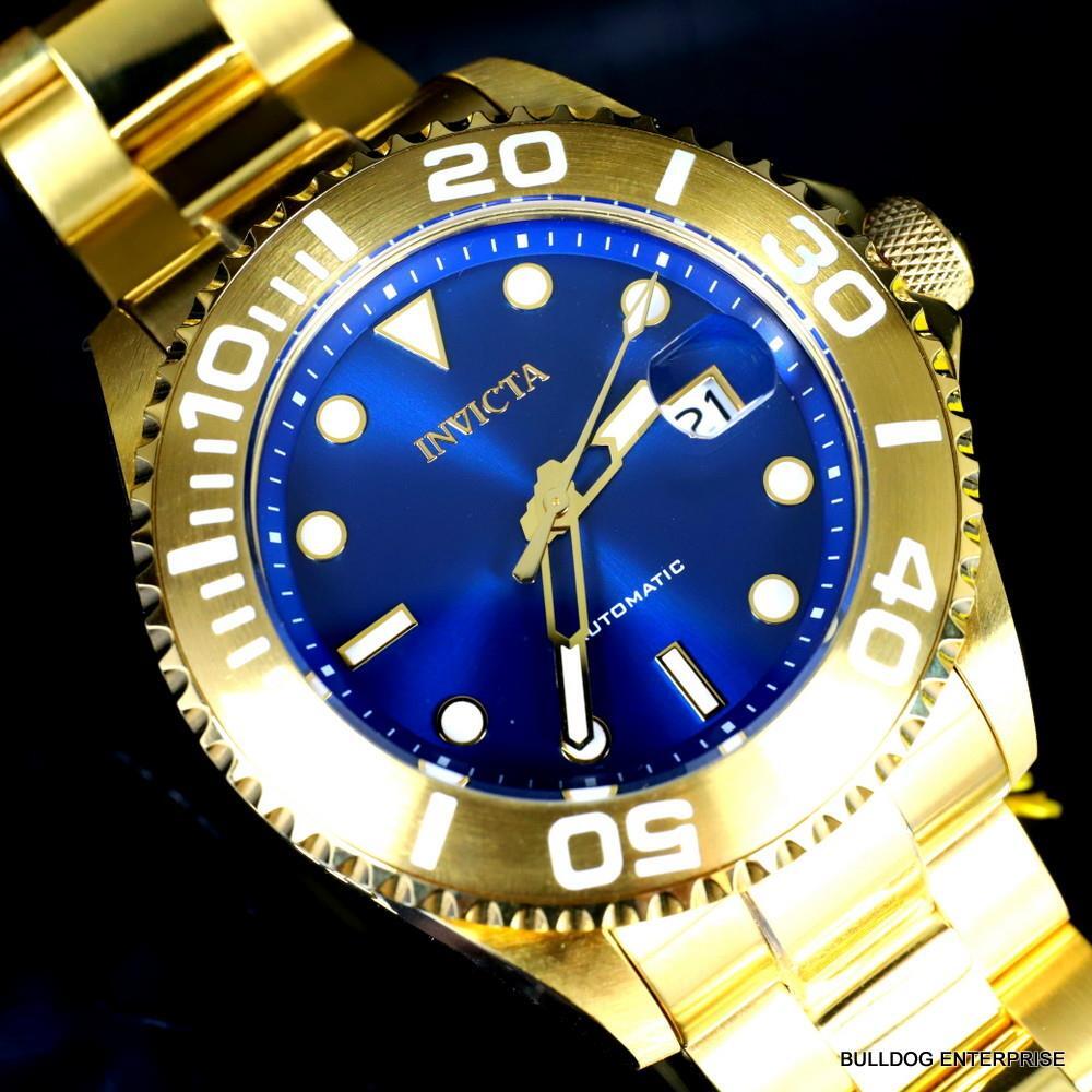 Mens Invicta Pro Diver Gold Plated Steel Bracelet Automatic Blue Watch 47mm New