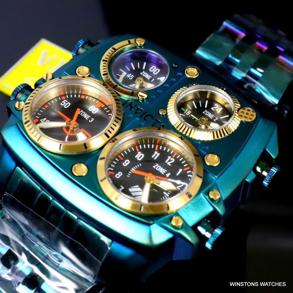 Invicta Aviator Zulu Green Stainless Steel Bracelet Quad Time 50mm Watch New