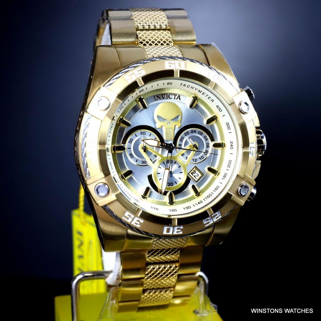Invicta Marvel Punisher Speedway Viper Chrono Gold Plated Steel 52mm Watch New