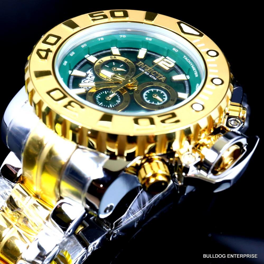 Men's Invicta Sea Hunter Gen II Green 2 Tone Gold Plated 70mm Swiss Watch New