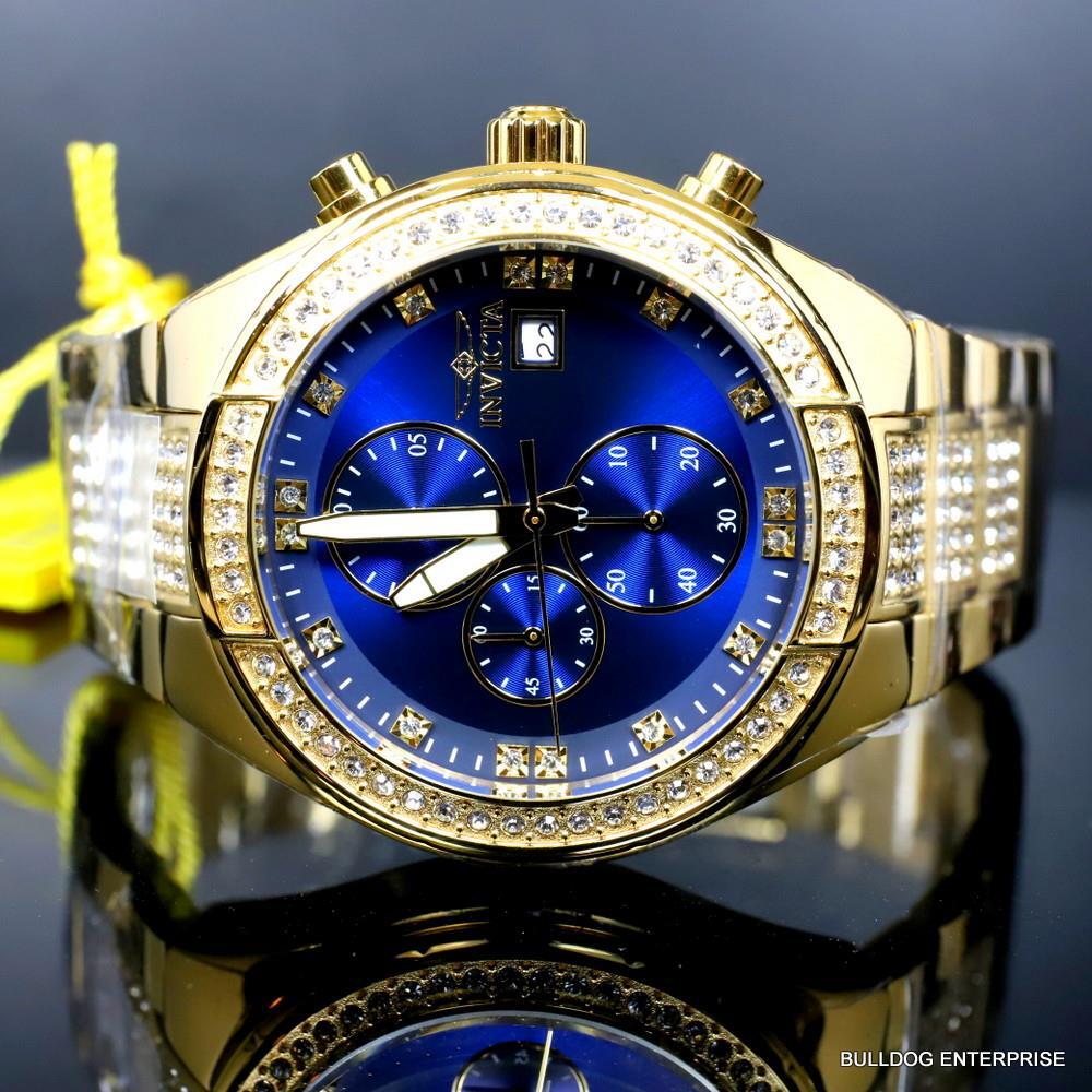 Invicta Specialty Crystal Accented Gold Plated Steel Blue 45mm Chrono Watch New