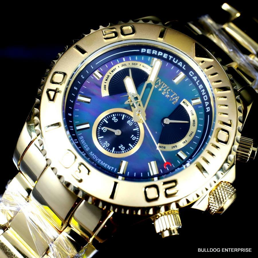 Invicta Reserve Pro Diver Swiss Mvt Black MOP Gold Plated Steel 47mm New Watch