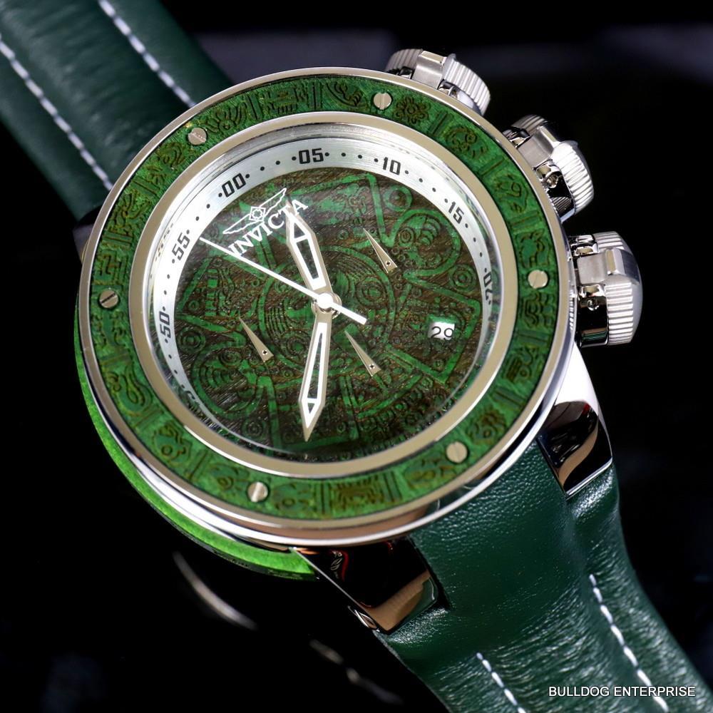 Invicta Subaqua Sea Dragon Wooden Aztec 52mm Green Leather Chronograph Watch New