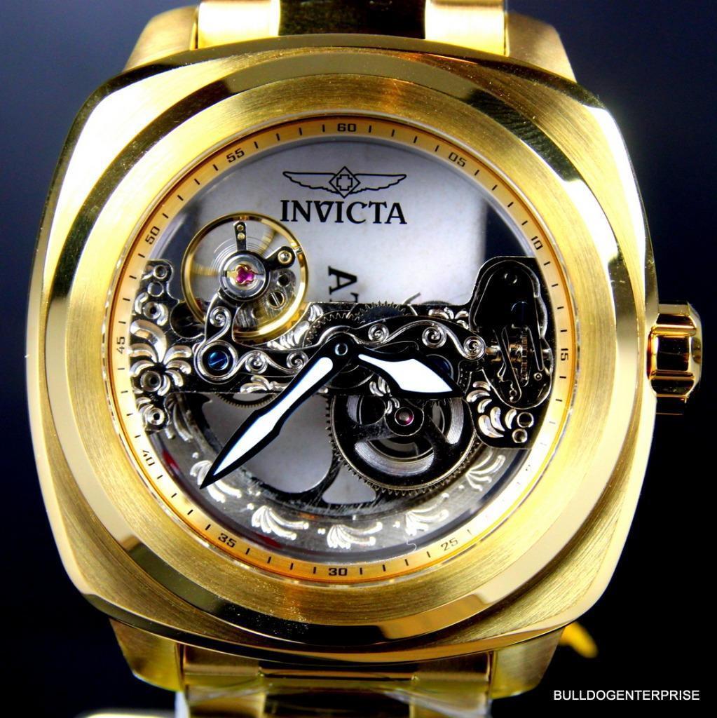 Mens Invicta Aviator Ghost Bridge Mechanical Skeleton Gold Plated 48mm Watch New