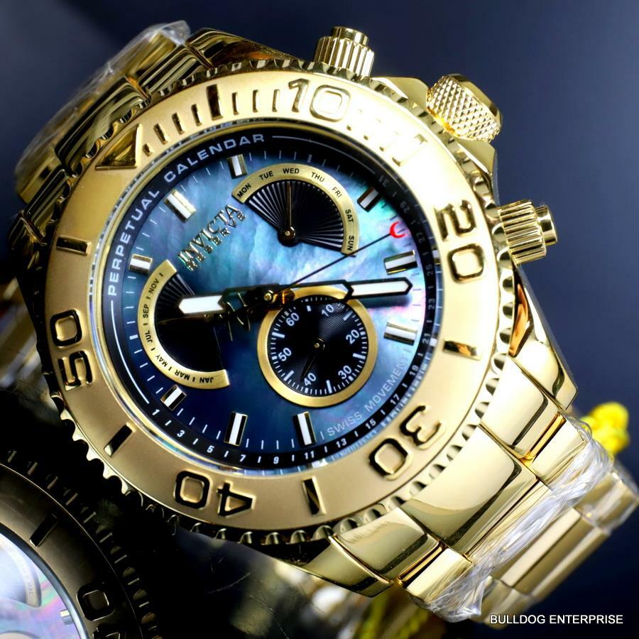Invicta Reserve Pro Diver Swiss Mvt Black MOP Gold Plated Steel 47mm New Watch