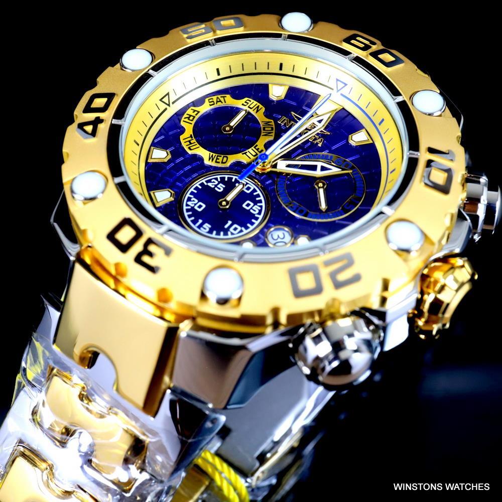 Invicta Excursion High Polish Gold Two Tone Steel Swiss Mvt 57mm Blue Watch New