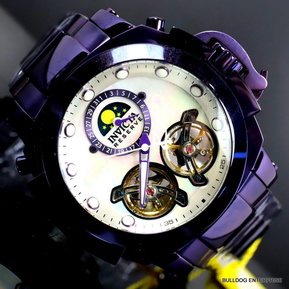 Invicta Man of War Double Open Heart Automatic Moon Phase MOP Purple Watch New
