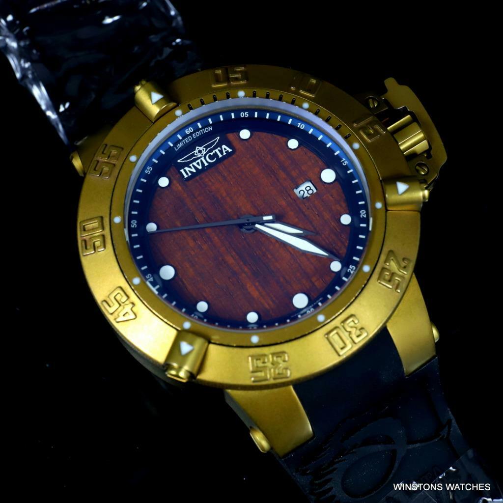 Invicta Subaqua Noma III Swiss Made Wood 50mm Distressed Gold Plated Watch New