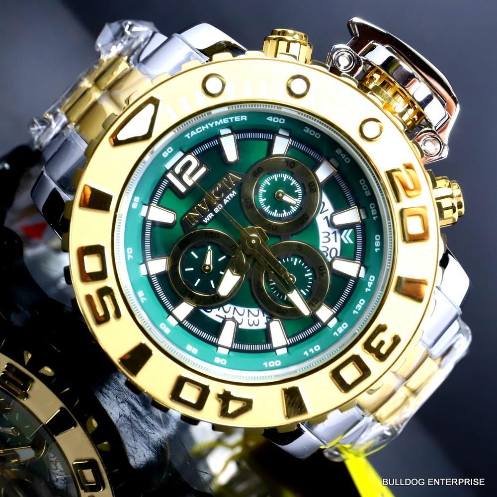 Men's Invicta Sea Hunter Gen II Green 2 Tone Gold Plated 70mm Swiss Watch New