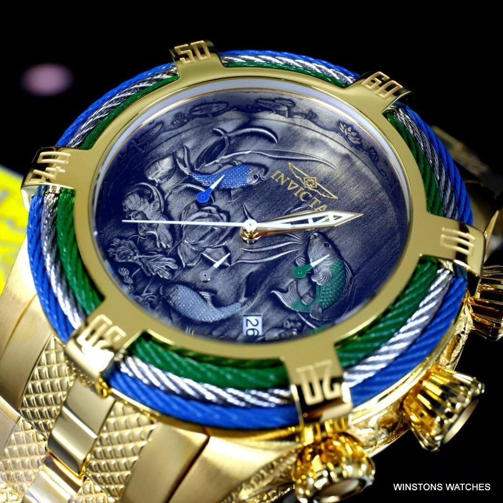 Invicta Bolt Tri Cable Green Blue Koi 54mm Gold Plated Steel Chrono Watch New