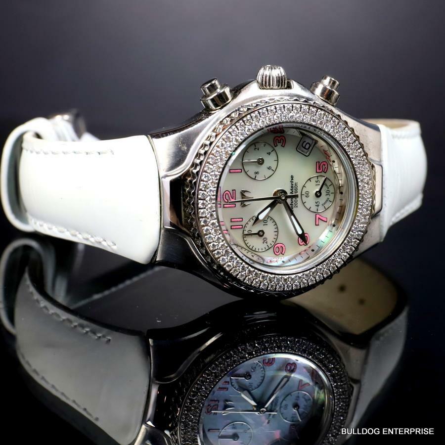 Ladys Technomarine 128 Diamonds Swiss Made Chrono White MOP Leather Watch New