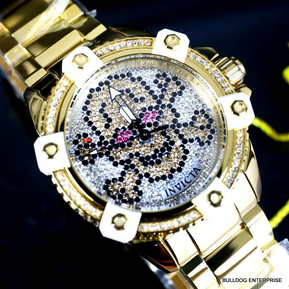 Womens Invicta Octane Skull Sparkling Crystals Gold Plated Steel 38mm Watch New