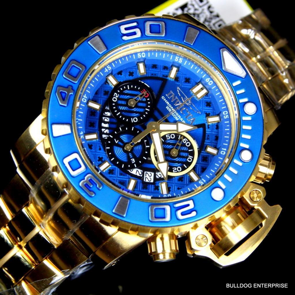 Invicta Sea Hunter III Blue 70mm Swiss Movement Chrono Gold Plated Watch New