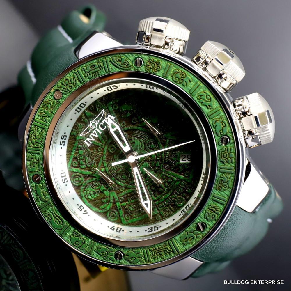 Invicta Subaqua Sea Dragon Wooden Aztec 52mm Green Leather Chronograph Watch New
