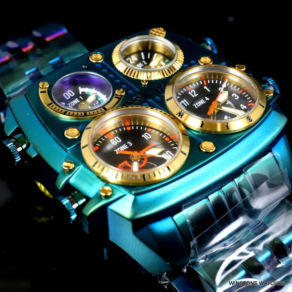 Invicta Aviator Zulu Green Stainless Steel Bracelet Quad Time 50mm Watch New