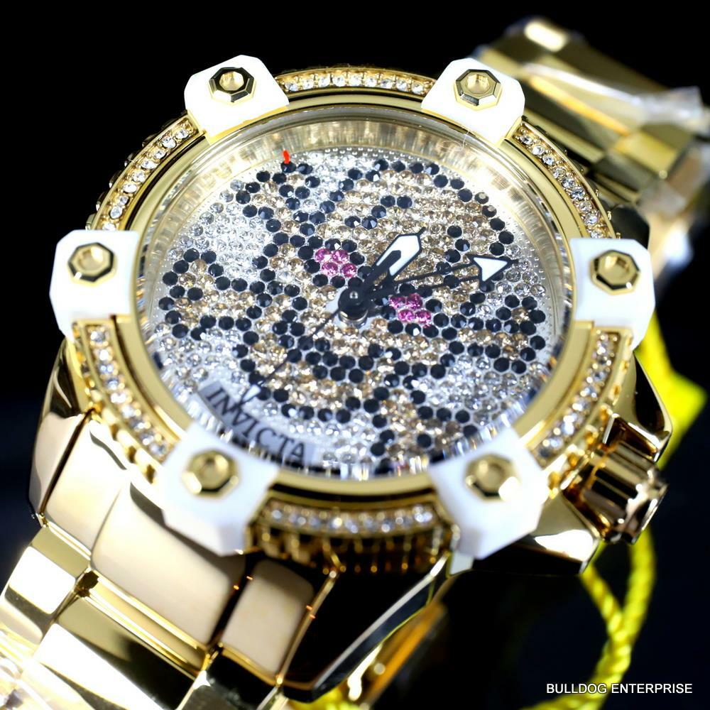 Womens Invicta Octane Skull Sparkling Crystals Gold Plated Steel 38mm Watch New