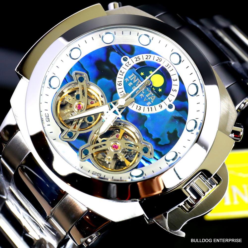 Invicta Man of War Double Open Heart Automatic Moon Blue Abalone Watch New