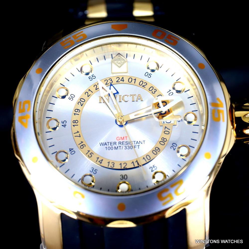 Invicta Pro Diver Scuba GMT Silver Tone Dial 18kt Gold Plated 49mm Watch New