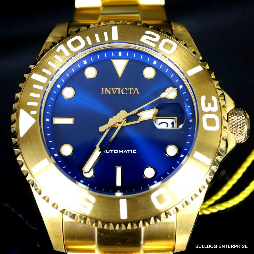 Mens Invicta Pro Diver Gold Plated Steel Bracelet Automatic Blue Watch 47mm New