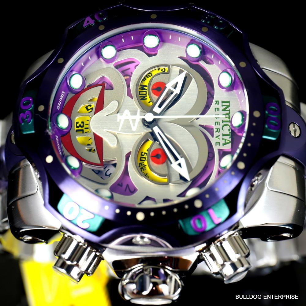 Invicta DC Comics Joker Venom Silver Tone Steel Purple Swiss Mvt 52mm Watch New
