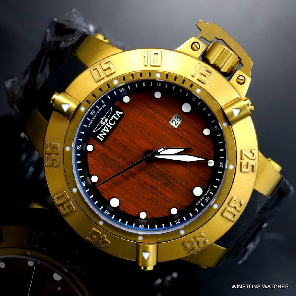 Invicta Subaqua Noma III Swiss Made Wood 50mm Distressed Gold Plated Watch New