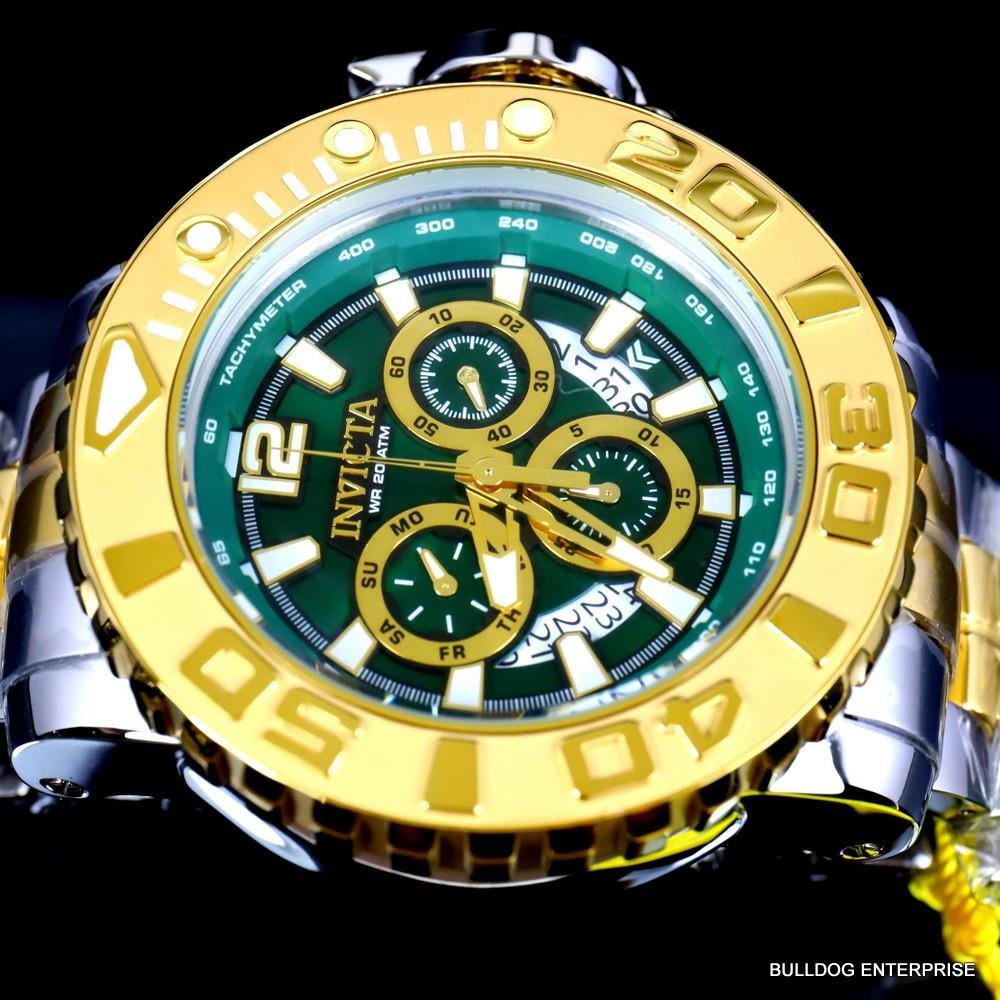 Men's Invicta Sea Hunter Gen II Green 2 Tone Gold Plated 70mm Swiss Watch New